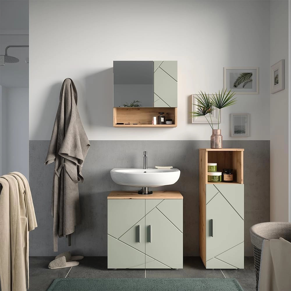 Set di mobili da bagno Irma, Verde salvia, 60 cm, composto da mobile sottolavabo, specchiera e mobile medio