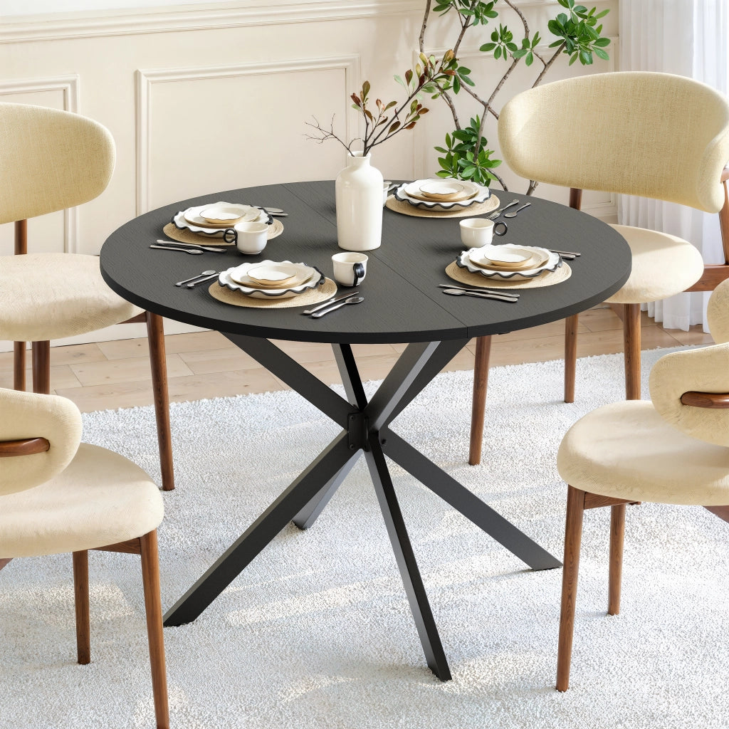 Tavolo da pranzo rotondo con base a X in ferro e piano in pannello truciolare nero per cucina diametro 120 cm