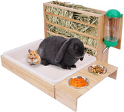 4 in 1 Alimentatore di Fieno con Box per Litter Bottiglia di Acqua Piatti per Cibo per Animali - Alcova per Fieno in Legno per Piccoli Animali da Compagnia