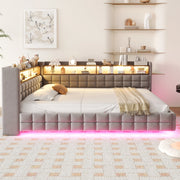 Divano letto imbottito 217x155.5x85 cm con vano contenitore; prese; LED; legno; grigio chiaro