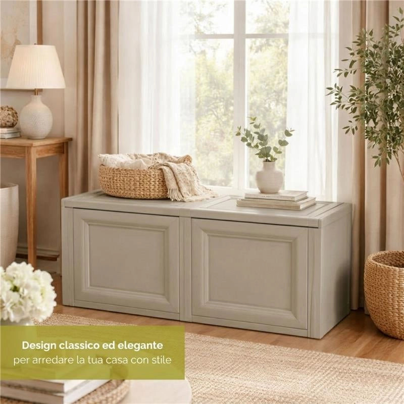 BAULE 2 MODULI TAUPE 86X40X42 CM – CASSAPANCA CONTENITORE SALVASPAZIO PER TERRAZZO, VERANDA E AMBIENTI ESTERNI