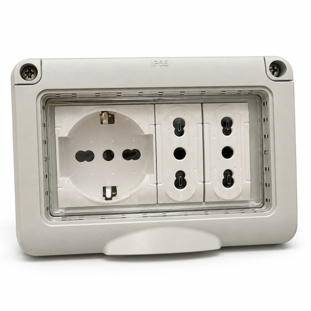 Cassetta Elettrica IP55 con Schuko e 2 Prese Bipasso 10/16A
