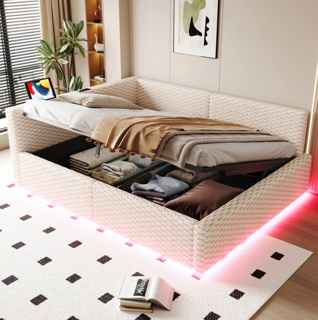 Letto imbottito 140x200 cm beige con LED, USB e Type-C