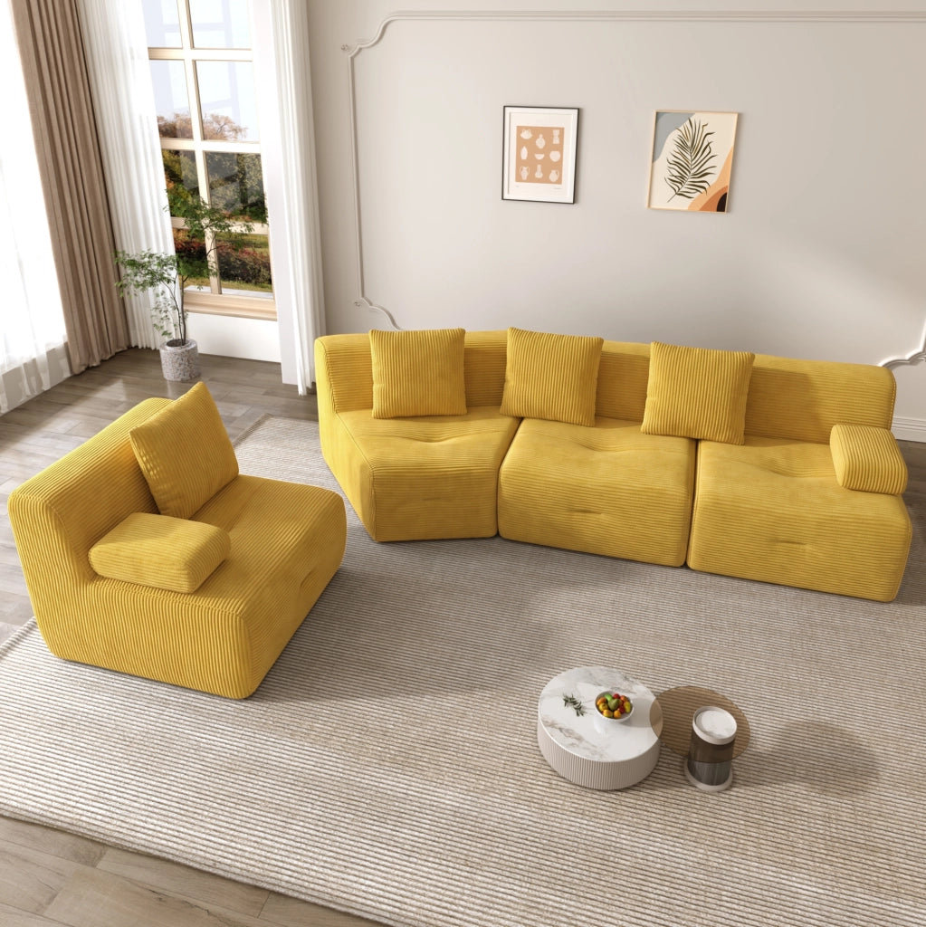Divano modulare 4 posti in velluto a coste giallo, 4 moduli, 311 cm