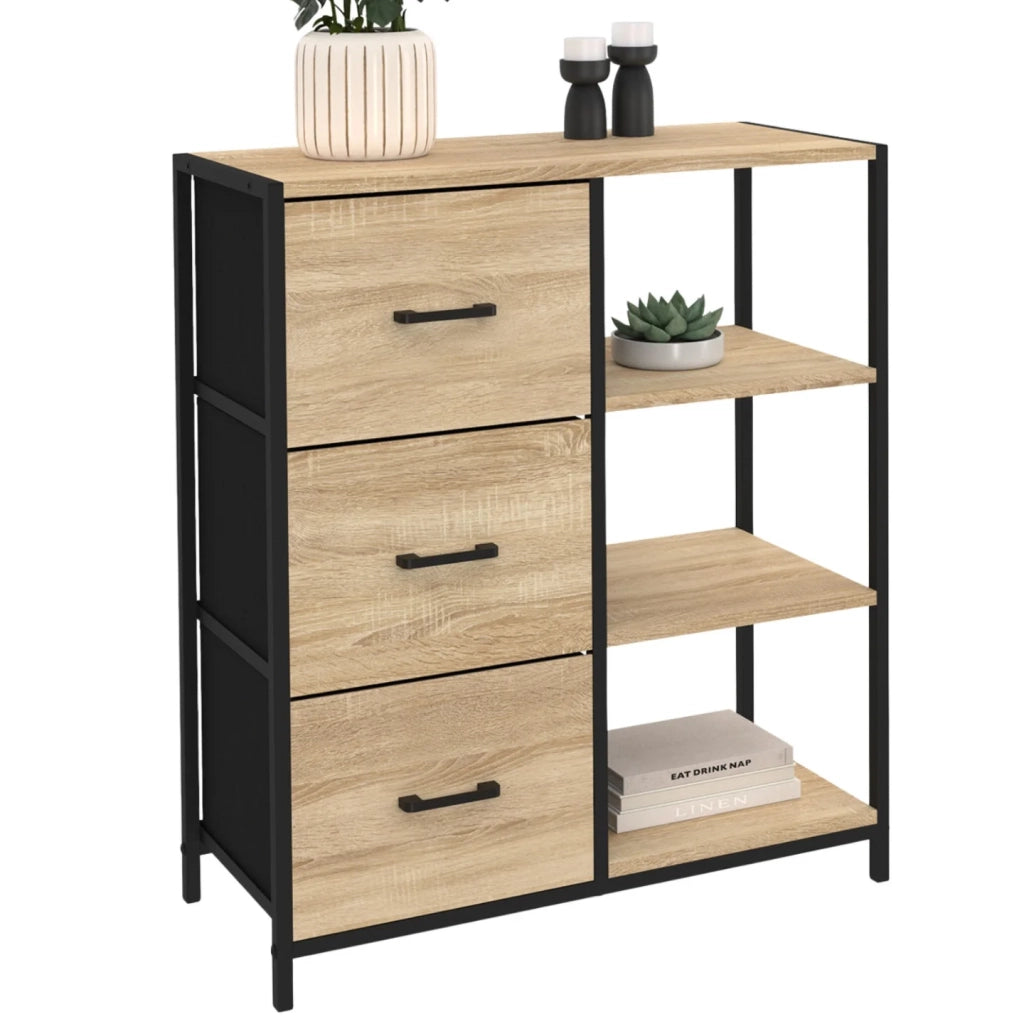 IDMarket - UTAH Aparador de 3 cajones con estantes, diseño industrial, 70 cm