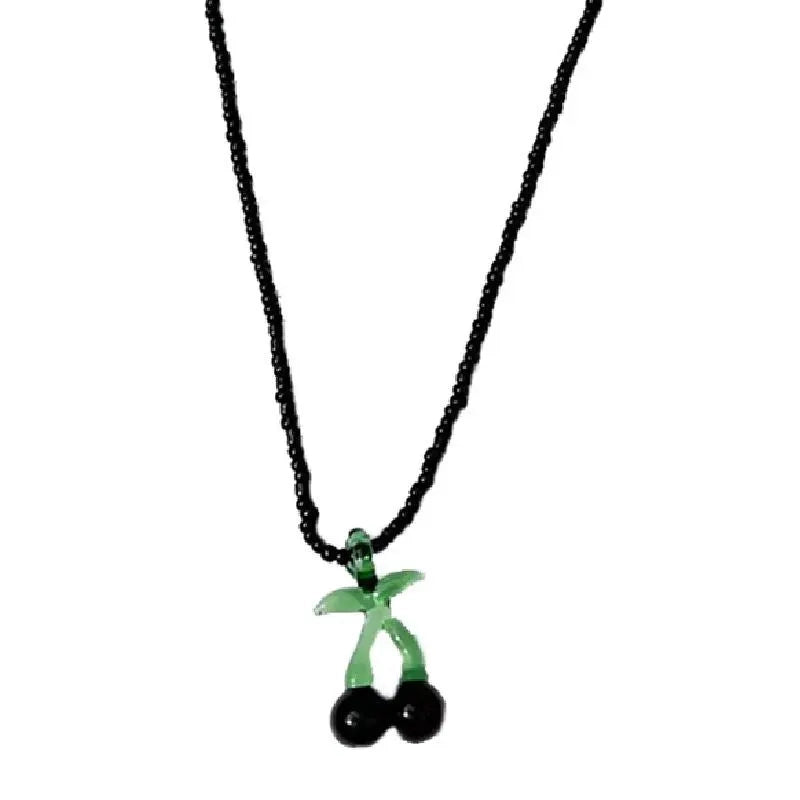 Collana fatta a mano con perline nere: ciondolo a forma di ciliegia, idea regalo