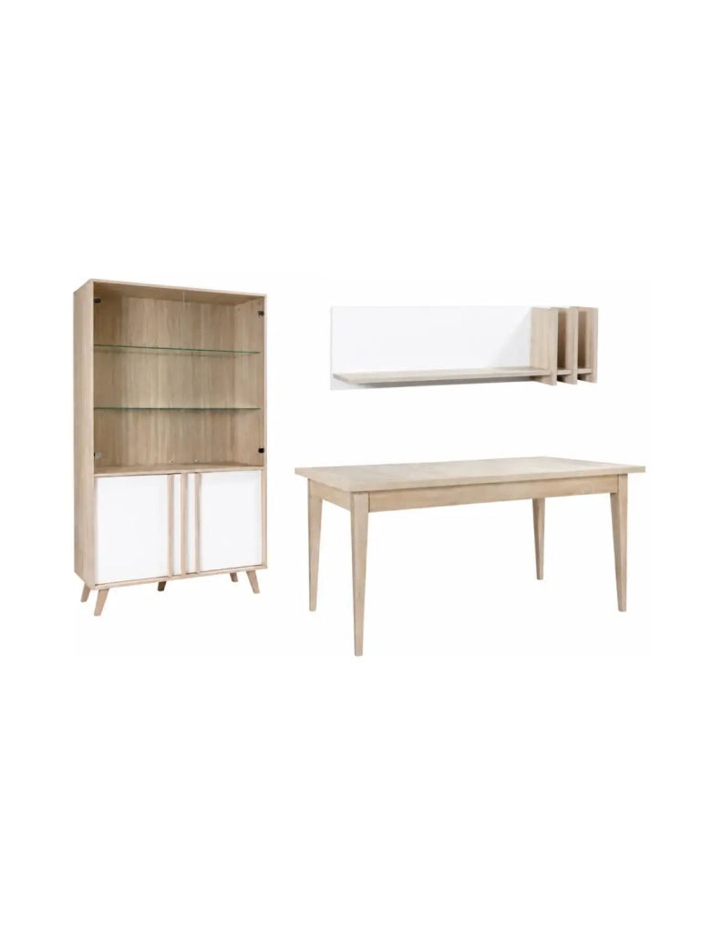 Sala da pranzo completa MALMO con tavolo 160 cm, vetrina LED e mensola da parete – Rovere chiaro e bianco – Stile scandinavo