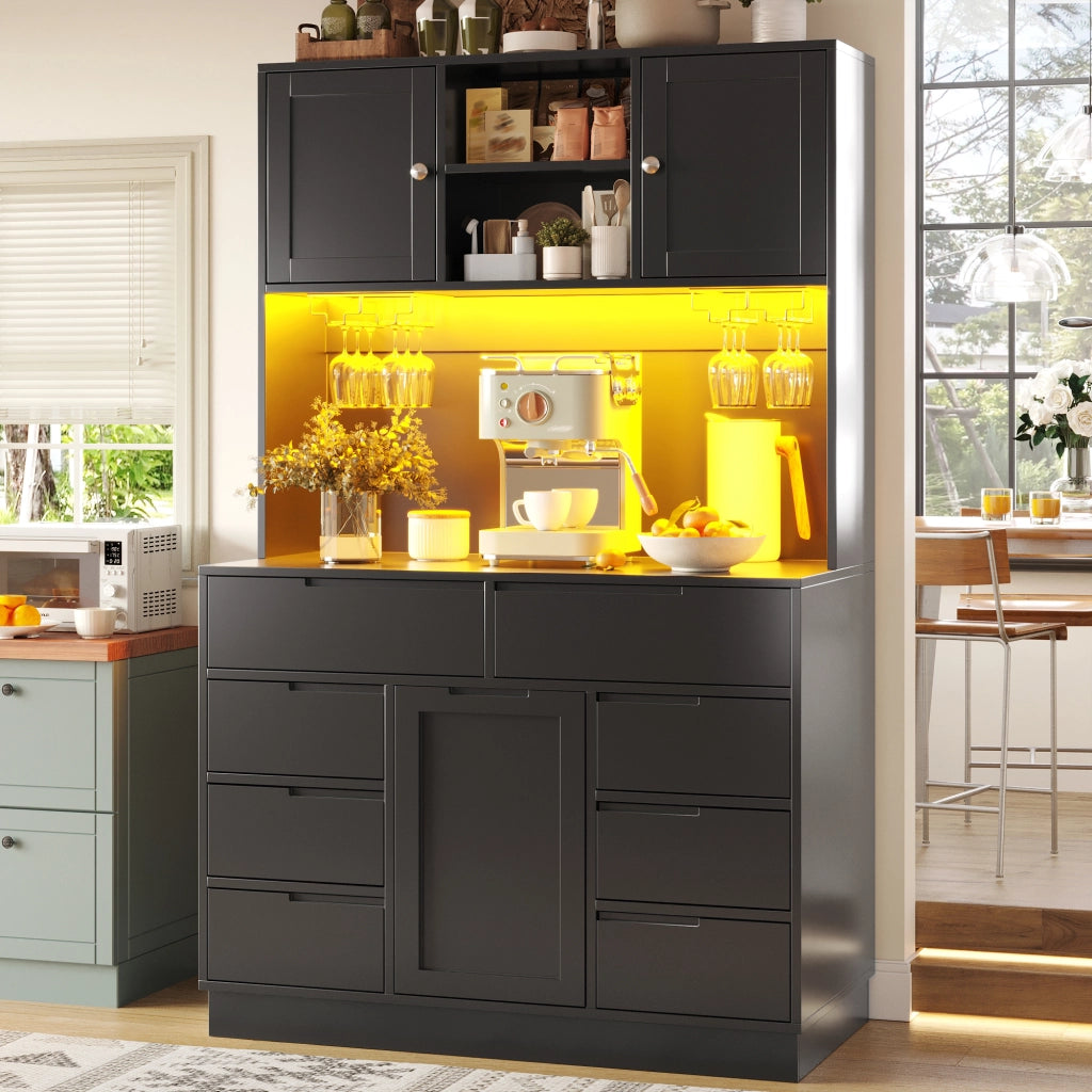 ARMADIO CUCINA 120x40x183,5 cm MDF Nero 8 cassetti con LED