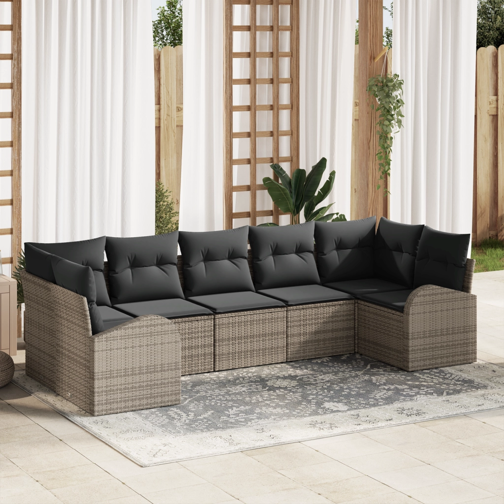Set Divano da Giardino 7 Pezzi con Cuscini Grigio Polyrattan
