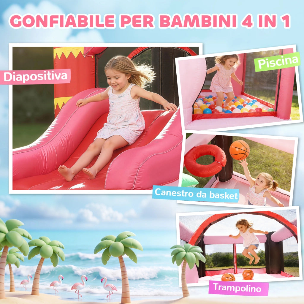 Castello Gonfiabile per Bambini con Scivolo, Trampolino, Vasca di Palline e Canestro Basket, 255x230x196 cm, Rosa