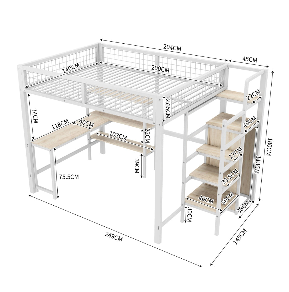 Letto a soppalco 140x200 cm con scrivania e armadio, bianco