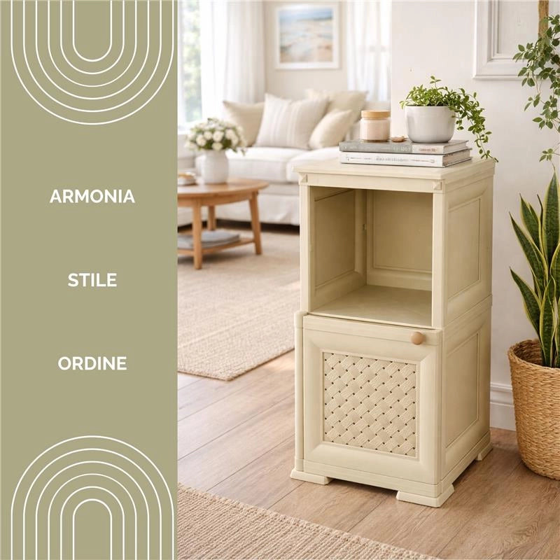 COMÒ COMODINO 2 MODULI ANGORA 40X43X85,5 CM CON ANTA TRAFORATA E VANO A GIORNO – MOBILE CONTENITORE COMPATTO PER CAMERA DA LETTO