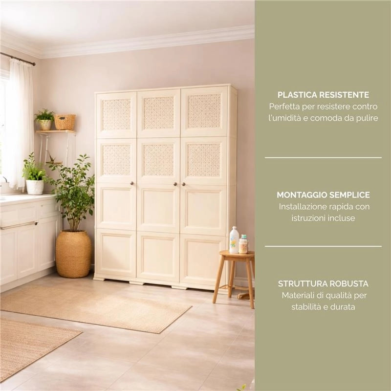 ARMADIO 3 ANTE ANGORA 118X43X164 CM CON PUNTALI, ANTE TRAFORATE E VANO PORTASCOPA – MOBILE ALTO ORGANIZZAZIONE CASA PER INGRESSO E LAVANDERIA