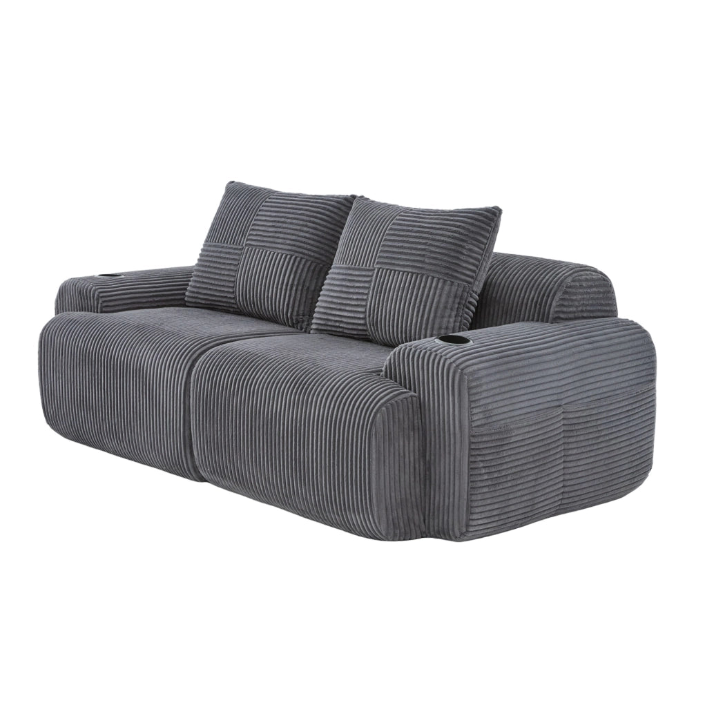 Divano modulare a 2 posti in corduroy grigio scuro; 200x99x80 cm con portabicchiere e tasca laterale