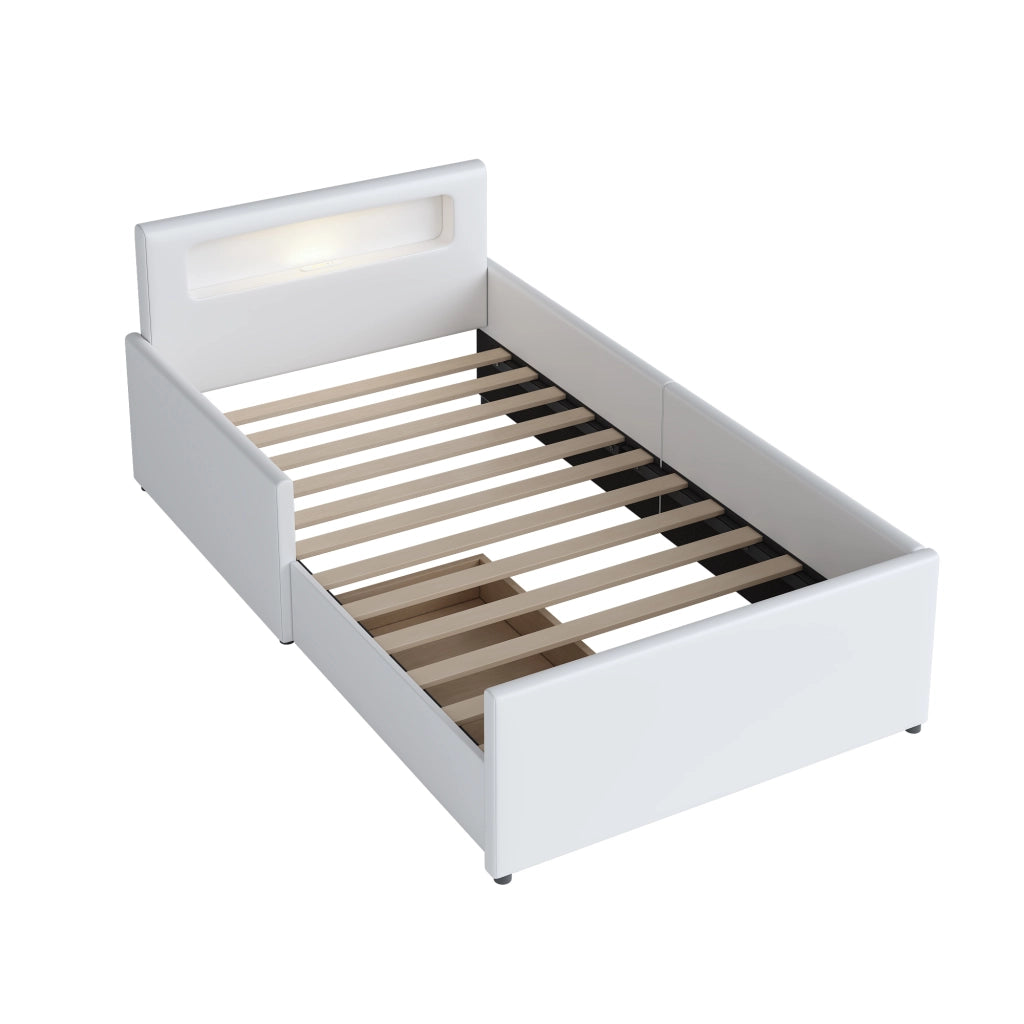 Letto per Bambini Letto Singolo 90 x 200 cm con USB; Luce Notturna e Cassetto; senza Materasso; Bianco