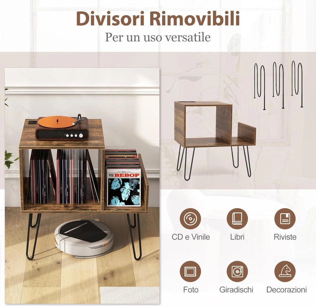 Supporto per Giradischi con Presa di Corrente, Espositore per Dischi con Presa di Corrente e Porta USB, capacità Fino a 145 Album, per Soggiorno e Camera da Letto, 66 x 45 x 67 cm (Marrone)
