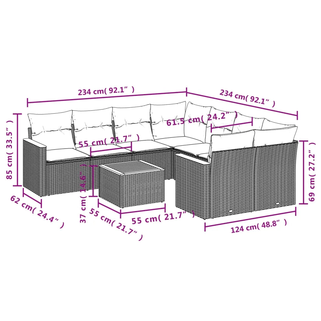 Set Divani da Giardino 9 pz con Cuscini Nero in Polyrattan 3225825
