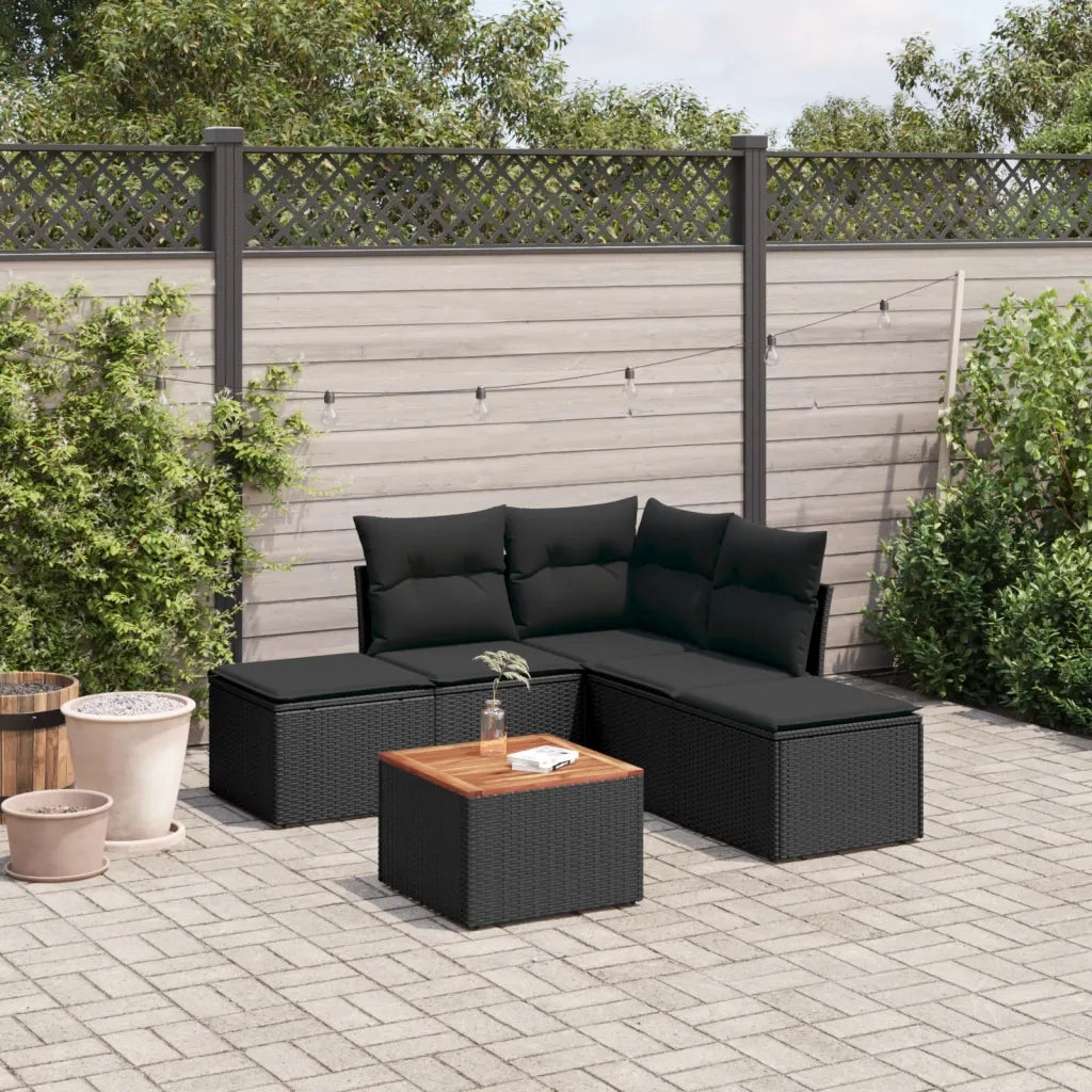 Set Divano da Giardino 6 pz con Cuscini Nero in Polyrattan