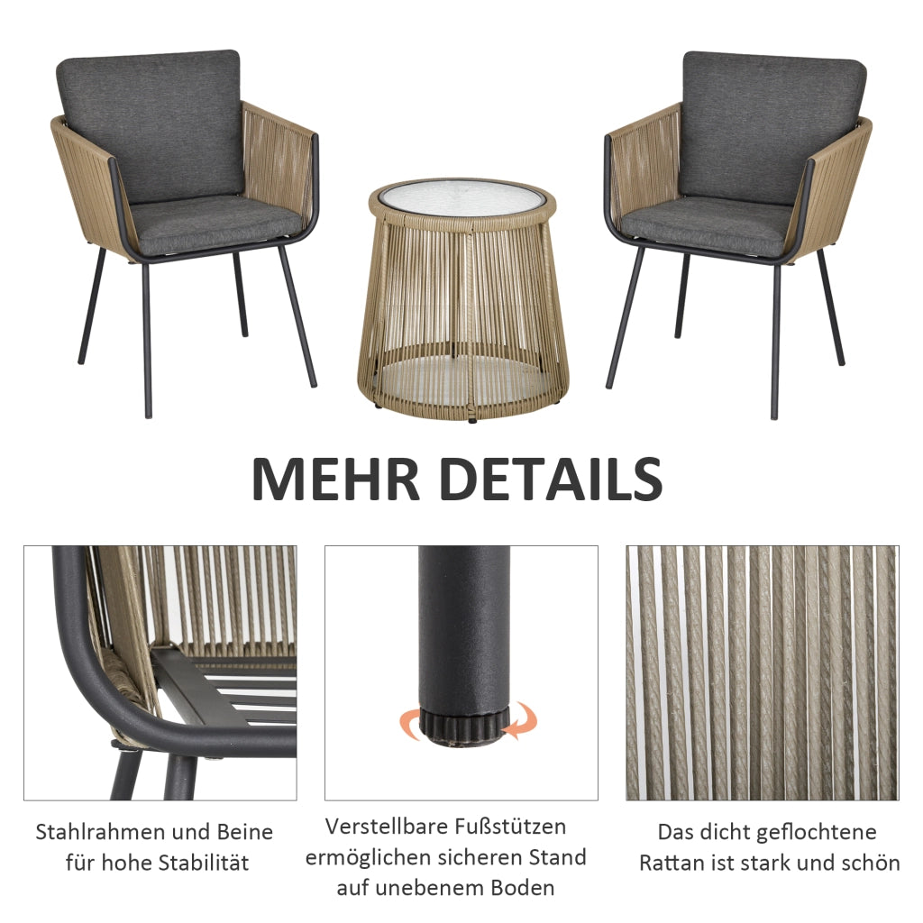 Set tavolo da pranzo con 2 sedie ¨C zephmum ¨C grigio, effetto rattan, vetro temperato