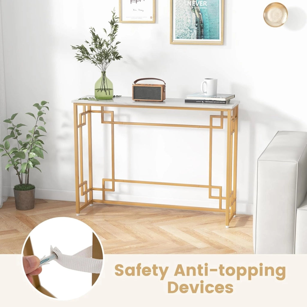 Tavolo Consolle Stretto di Ingresso Moderno con Base Dorata e Piano in Marmo Imitazione con Dispositivo Antiribaltamento per Soggiorno, Ingresso, Corridoio, Bianco e Oro, 110 x 30 x 81 cm