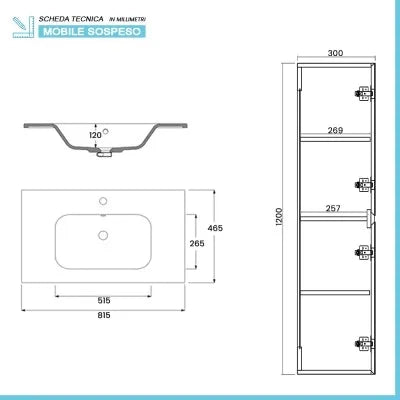Mobile bagno sospeso 80 cm noce gold con pensile H 120 cm Dafne