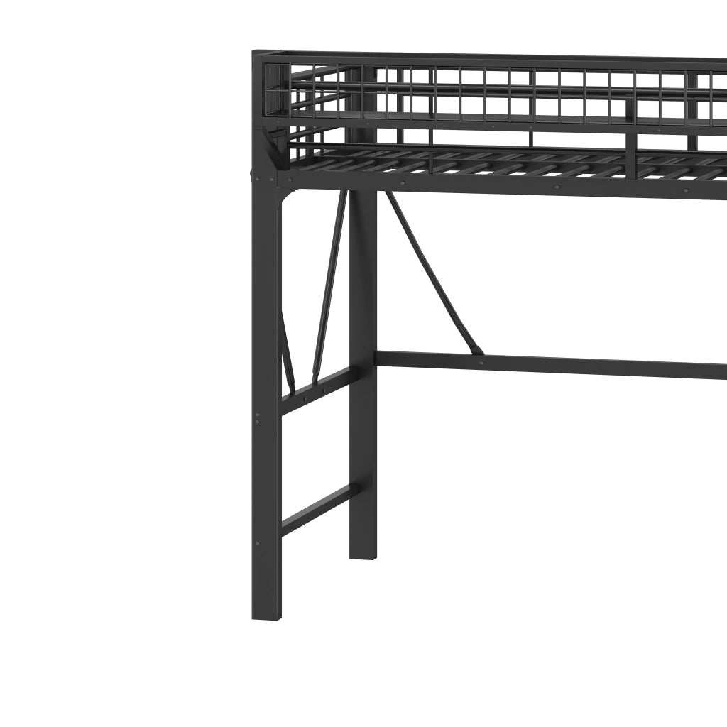 DESMIU Letto a soppalco 90 × 200 cm con cestino, luce LED e scala, senza materasso, in metallo, nero