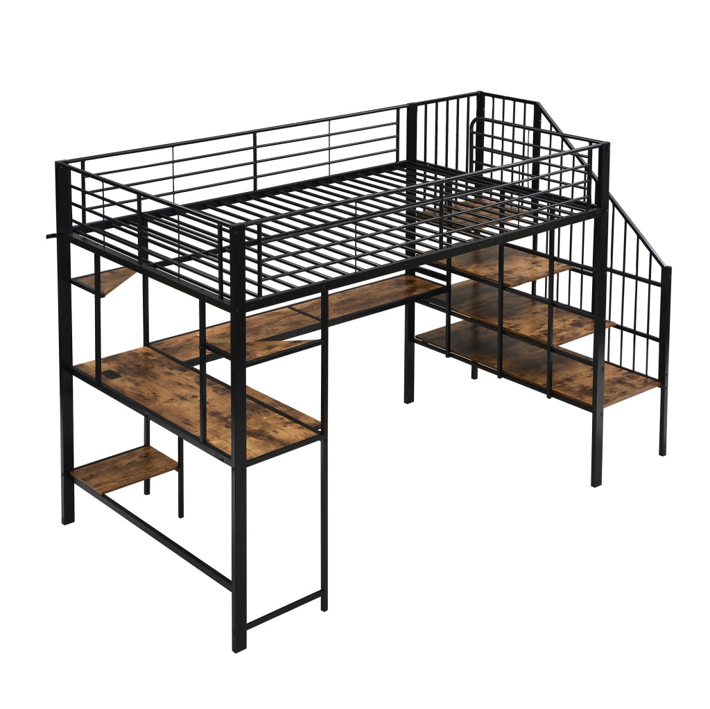 Letto a soppalco 120x200 cm con scrivania, scala ad angolo e porta di ricarica