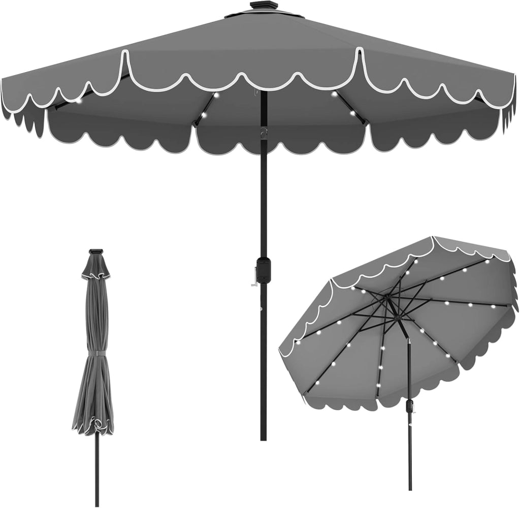 Ombrellone da Giardino 300 cm, con 24 Luci LED Solari, Inclinazione Regolabile, Manovella, 8 Stecche, Anti-UV, Top Ventilato, Idrorepellente, Giardino Piscina Patio (Grigio)
