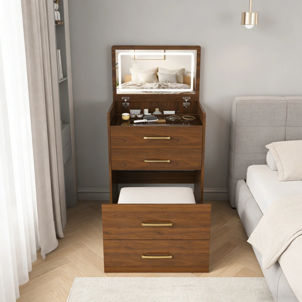 Tavolo da toeletta 3-in-1 con specchio aperto; piano vetro trasparente; 3 cassetti; compatto per camera; Bianco; B60×H118×P40cm