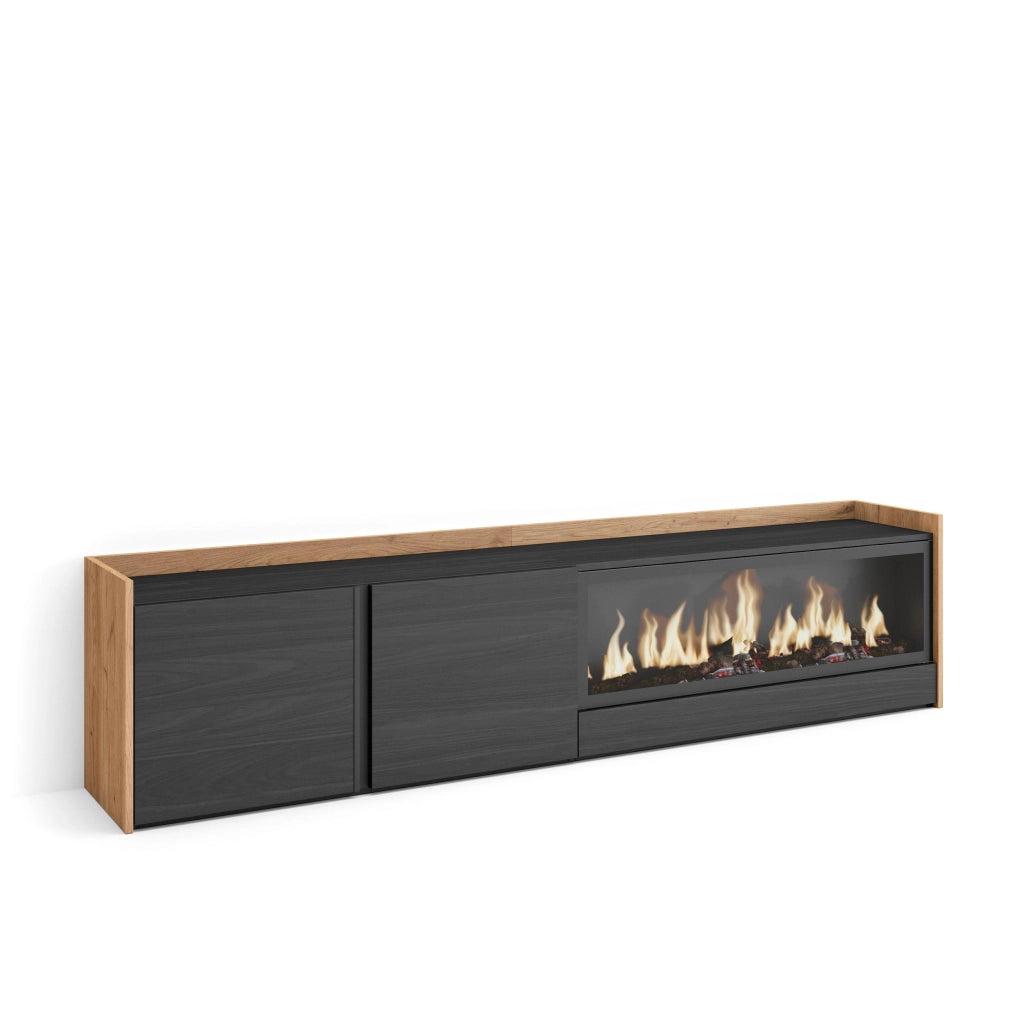 Mobile TV Soggiorno, 212x50x35 cm, Per TV fino a 80", Camino elettrico XXL, Nero e rovere