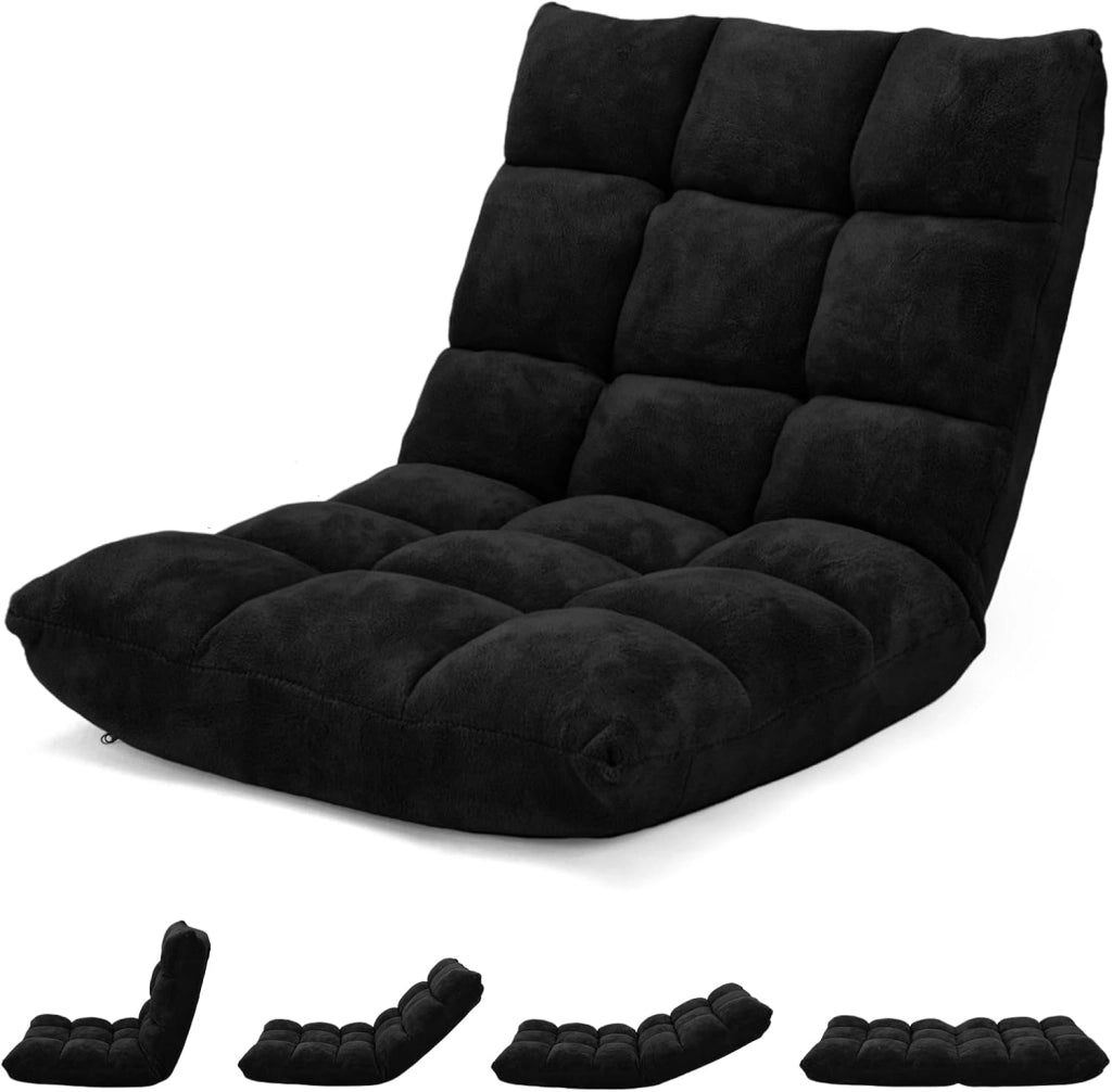 Sedia da Pavimento, Poltrona Imbottita Regolabile in 14 Posizioni 90°-180°, Cuscino da Terra Pighevole Imbottito, Sedia Reclinabile per Relax, Yoga, Lettura (Blu)