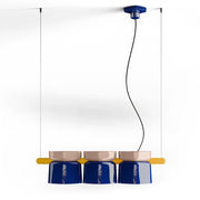 Lampadario Decò Yakitori Ceramica Grigio Sabbia Blu Metallo Giallo 3 Luci E27