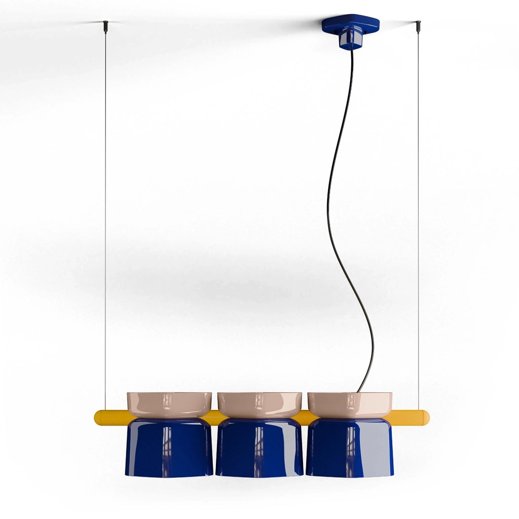 Lampadario Decò Yakitori Ceramica Grigio Sabbia Blu Metallo Giallo 3 Luci E27