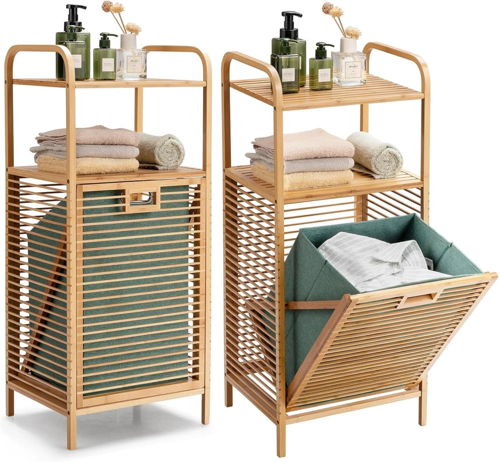 Armadietto da Terra Mobiletto Bagno 2 Ripiani Autoportante, con Sacco Portabiancheria, Adatto anche per Camera da Letto Salotto, in Bambù, 40,5 x 33 x 95,5 cm