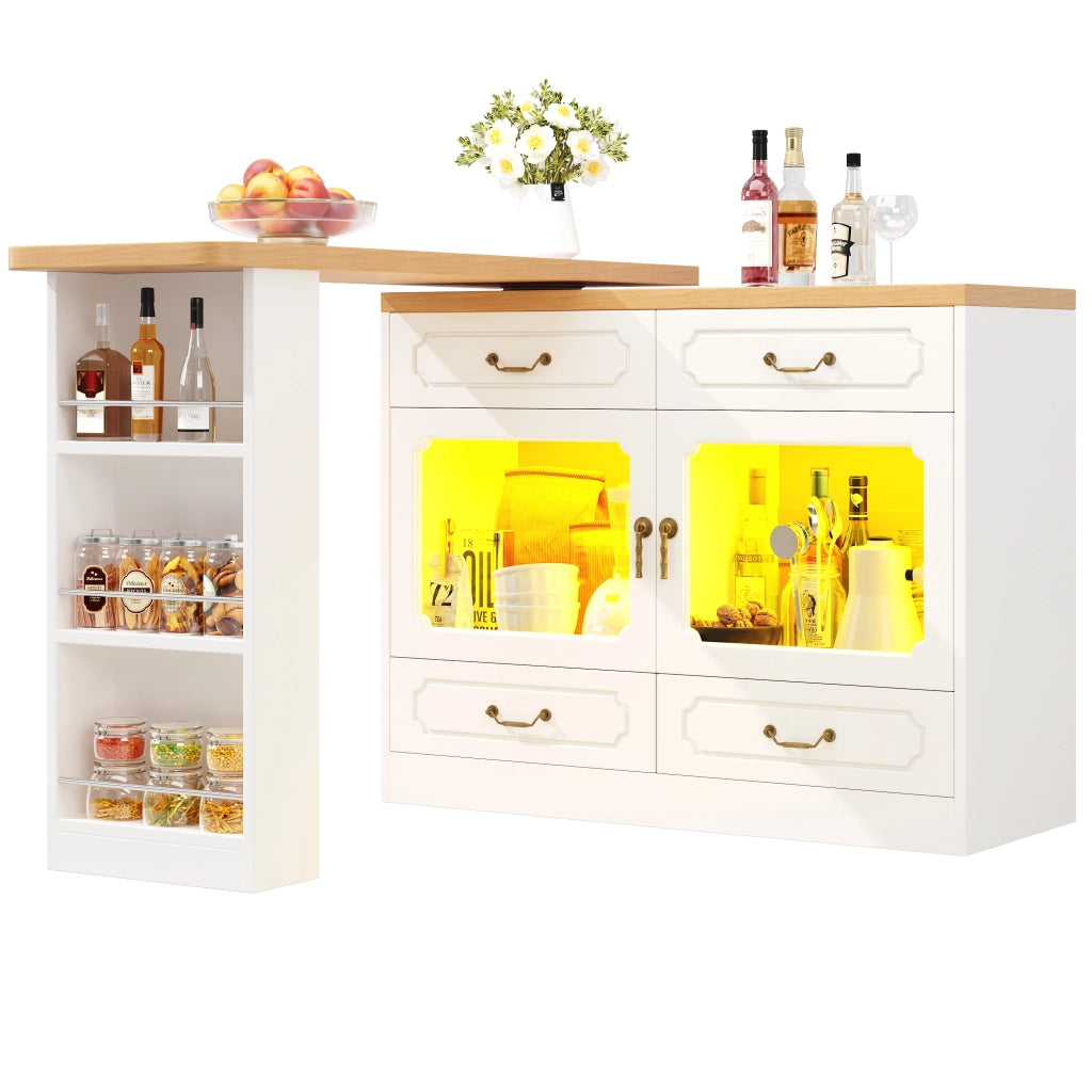 OKWISH Tavolo Bar Estensibile con 4 Cassetti e Ripiano Laterale, Piano Girevole a 360° e LED, per Cucina