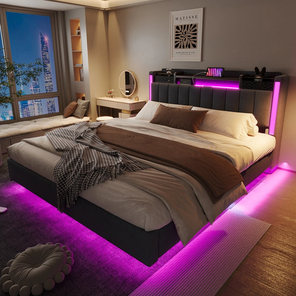 Letto matrimoniale imbottito 160x200 cm con LED; USB; testiera contenitore e rete; grigio