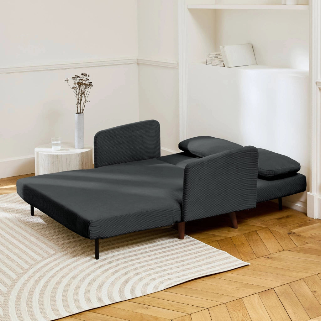 Divano letto in velluto a coste con gambe in legno, 2 posti, grigio