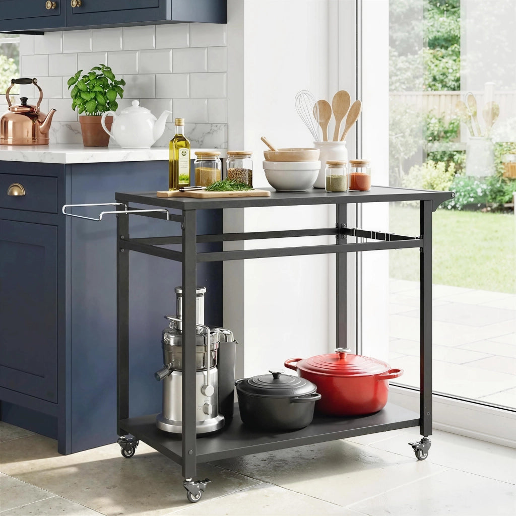 Carrello Barbecue 113x50,5x88 cm 2 Ripiani Supporto Pizza Portasacchi e Ganci in Metallo e Acciaio Nero