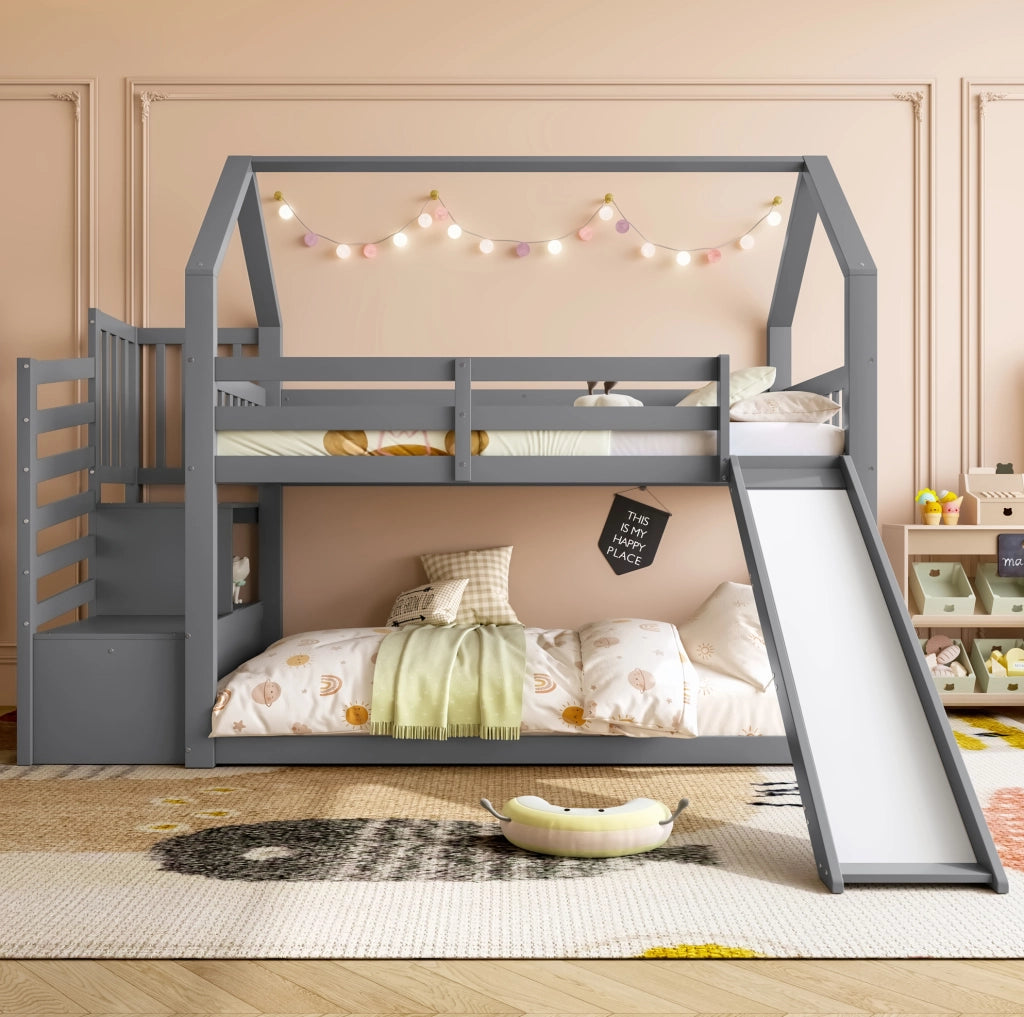 Letto a castello 90x200 cm con scivolo e vano portaoggetti in pino grigio