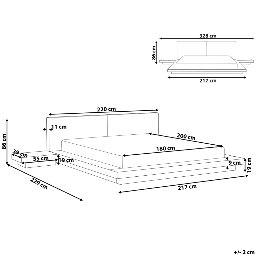 Letto matrimoniale ad acqua con testata e comodini in legno chiaro bouclé tortora 180 x 200 cm stile giapponese