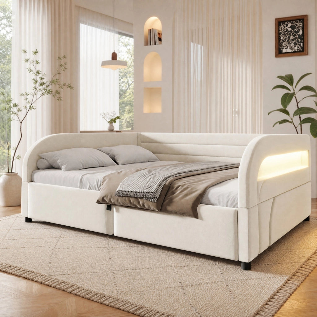 Letto imbottito 140x200 cm con contenitore idraulico e LED