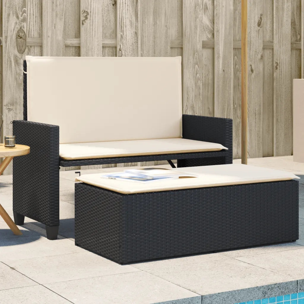 Panca da Giardino con Cuscini e Poggiapiedi-Sgabello-Panca da esterno Nera in Polyrattan