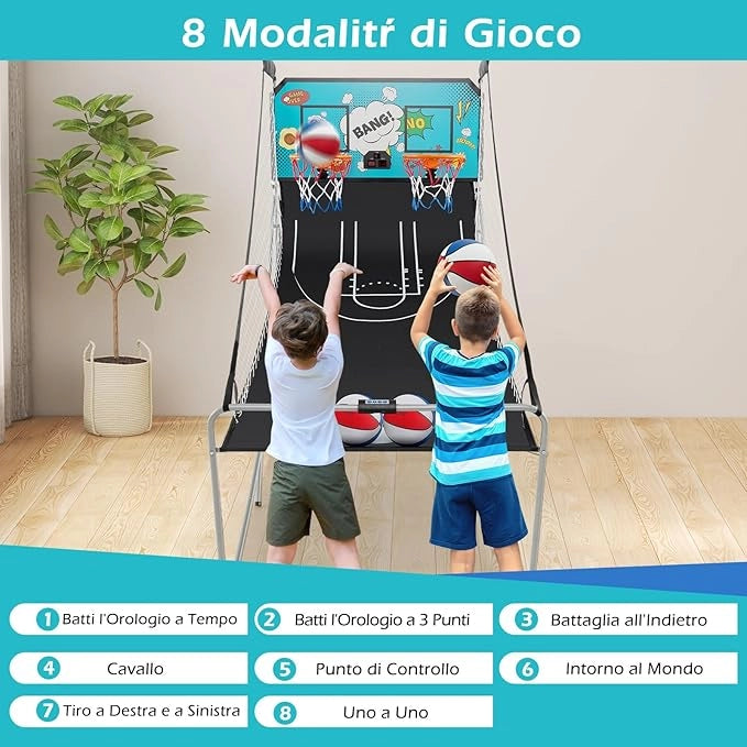 Macchina da Pallacanestro Elettronica, Canestro Basket da Camera a Doppio Tiro Pieghevole con Punteggio Elettronico, 4 Palle, 8 Modalità di Gioco e 2 Canestri (Verde)