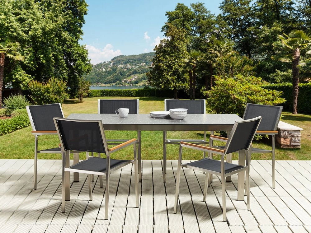 Set da giardino con 4 posti in acciaio inox con tavolo piano con effetto granito e sedie in rattan nero esterno moderno set elegante