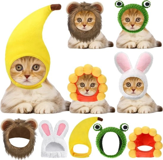 Set di 5 Cappellini Cattivi - Coniglio, Leone, Rana, Girasole, Banana - per Gatti e Piccoli Cani - Accessorio di Costume da Festa