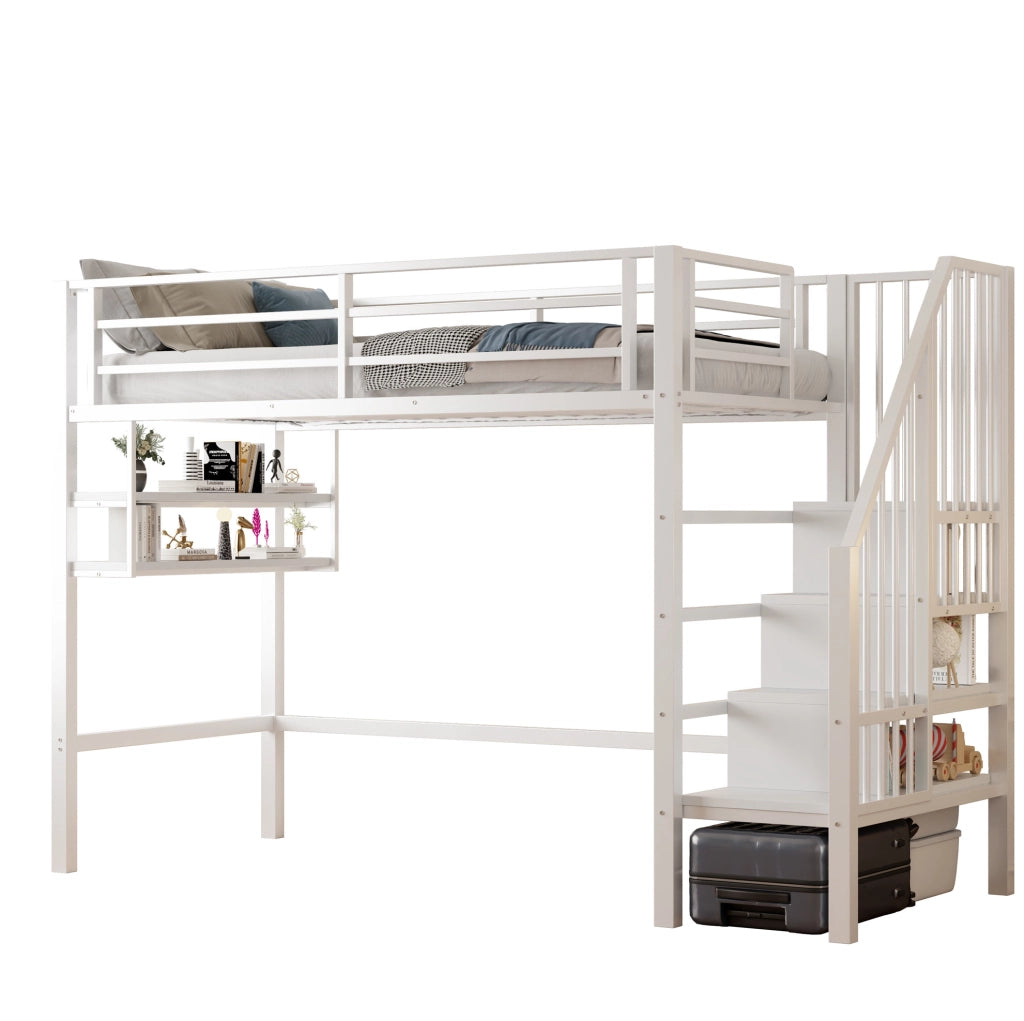 Letto a soppalco per bambini 90x200 cm con scaffali e scala contenitore; bianco; in metallo e MDF