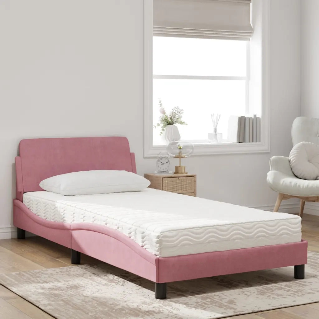 Letto con Materasso-Struttura Letto con Materasso Dover Rosa 100x200 cm in Velluto