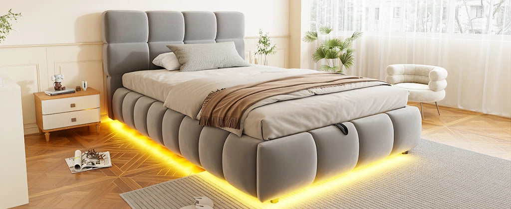 DESMIU Letto imbottito 90 × 200 cm 1 posto con contenitore idraulico e striscia LED regolabile, senza materasso, in velluto, grigio