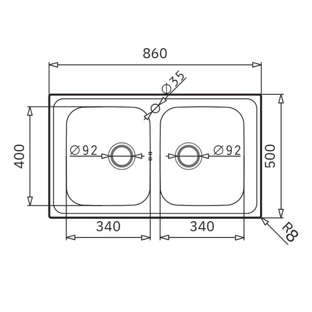 Lavello da incasso Tirreno862 in acciaio inox con doppia vasca 86x50