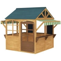 Casetta per Bambini 3-8 Anni con 5 Finestre e 2 Lavagne, in Legno di Abete, 173x117x144 cm, Marrone e Blu